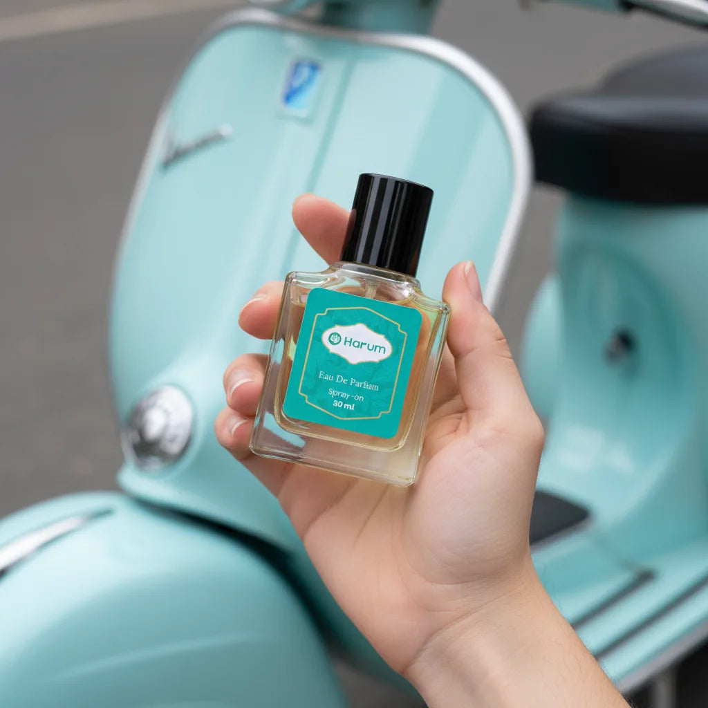 Hand holding Harum 30ml Eau De Parfum bottle with teal label in front of a matching teal Vespa scooter.