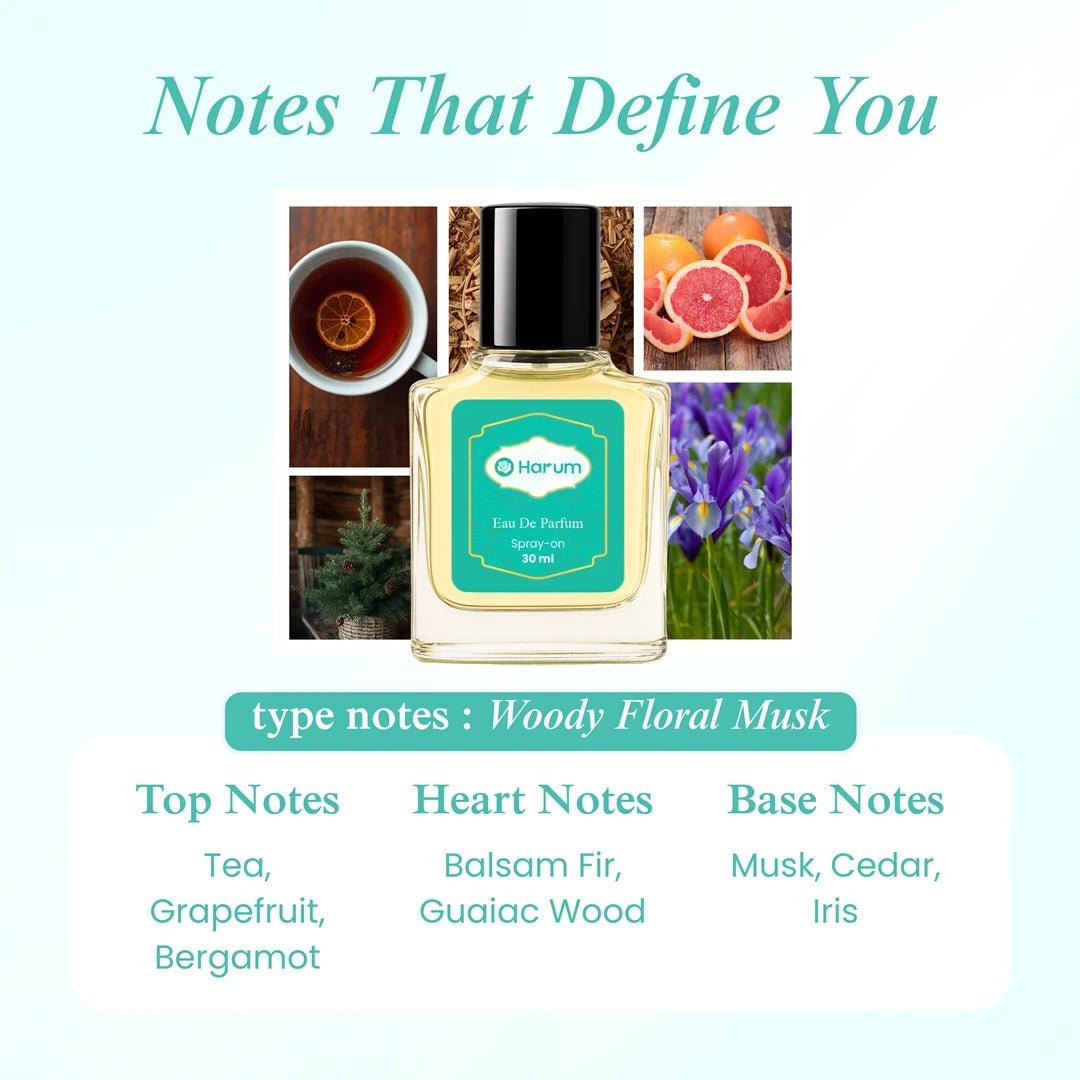 Harum 30ml Eau De Parfum with woody floral musk scent featuring top notes of tea, grapefruit, bergamot, heart notes of balsam fir and guaiac wood, and base notes of musk, cedar, and iris.
