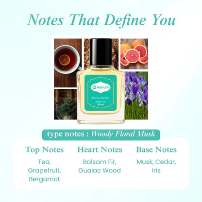 Harum 30ml Eau De Parfum with woody floral musk scent featuring top notes of tea, grapefruit, bergamot, heart notes of balsam fir and guaiac wood, and base notes of musk, cedar, and iris.