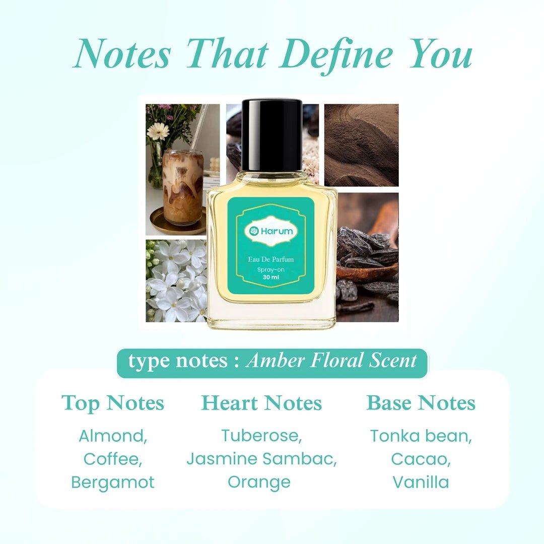 Harum 30ml Eau De Parfum with amber floral scent featuring top notes of almond, coffee, bergamot, heart notes of tuberose, jasmine sambac, orange, and base notes of tonka bean, cacao, and vanilla.