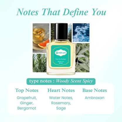 Harum 30ml Eau De Parfum with woody scent spicy fragrance featuring top notes of grapefruit, ginger, bergamot, heart notes of water notes, rosemary, sage, and base note of ambroxan.