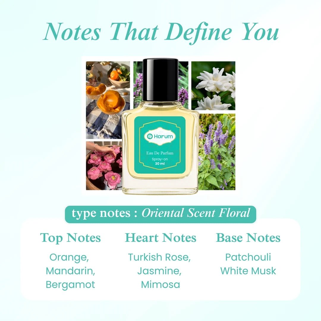 Harum 30ml Eau De Parfum with oriental floral scent featuring top notes of orange, mandarin, bergamot, heart notes of Turkish rose, jasmine, mimosa, and base notes of patchouli and white musk.
