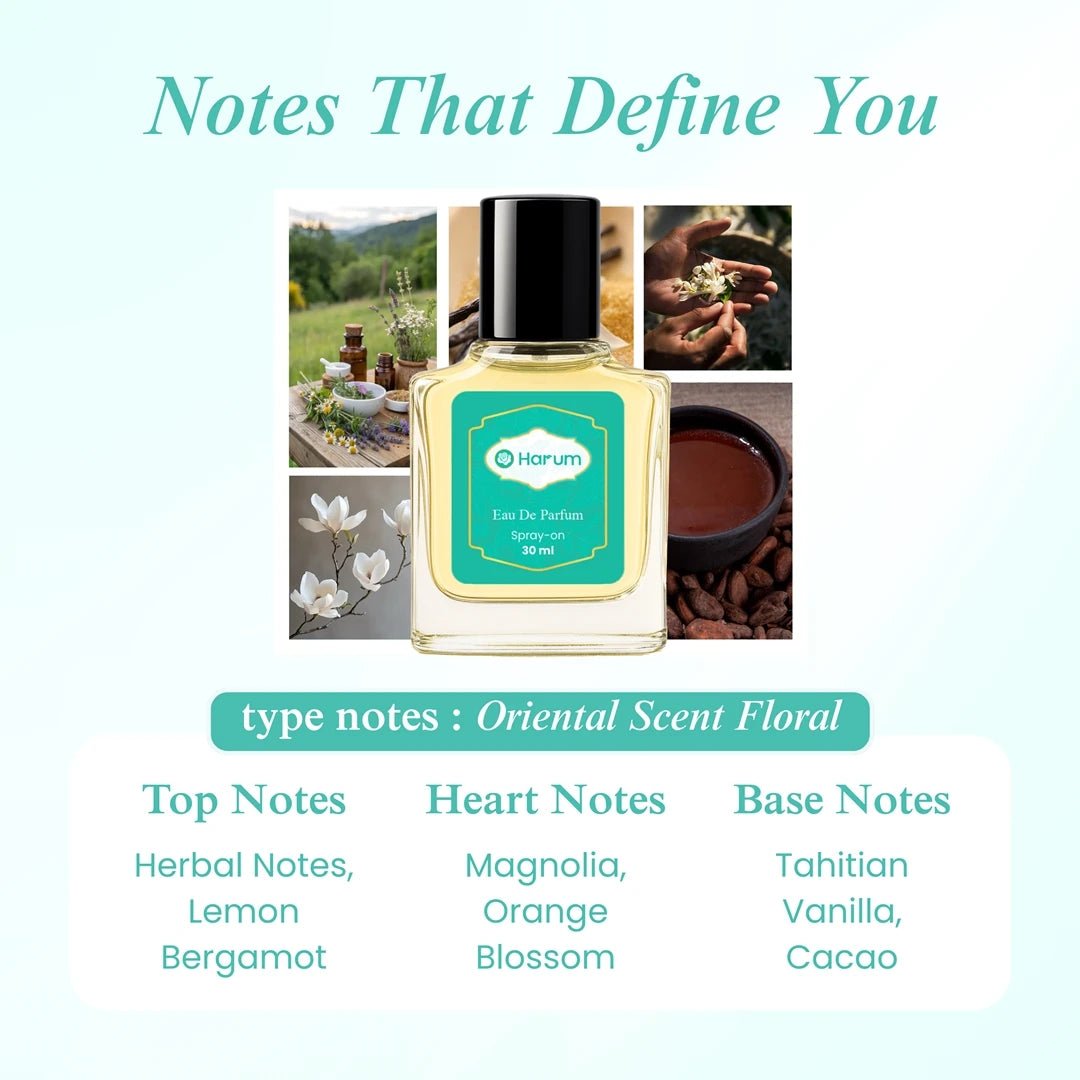 Harum 30ml Eau De Parfum with oriental floral scent featuring top notes of herbal notes, lemon, bergamot, heart notes of magnolia and orange blossom, and base notes of Tahitian vanilla and cacao.