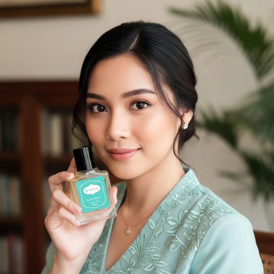 Woman holding a perfume bottle with a blurred indoor background
