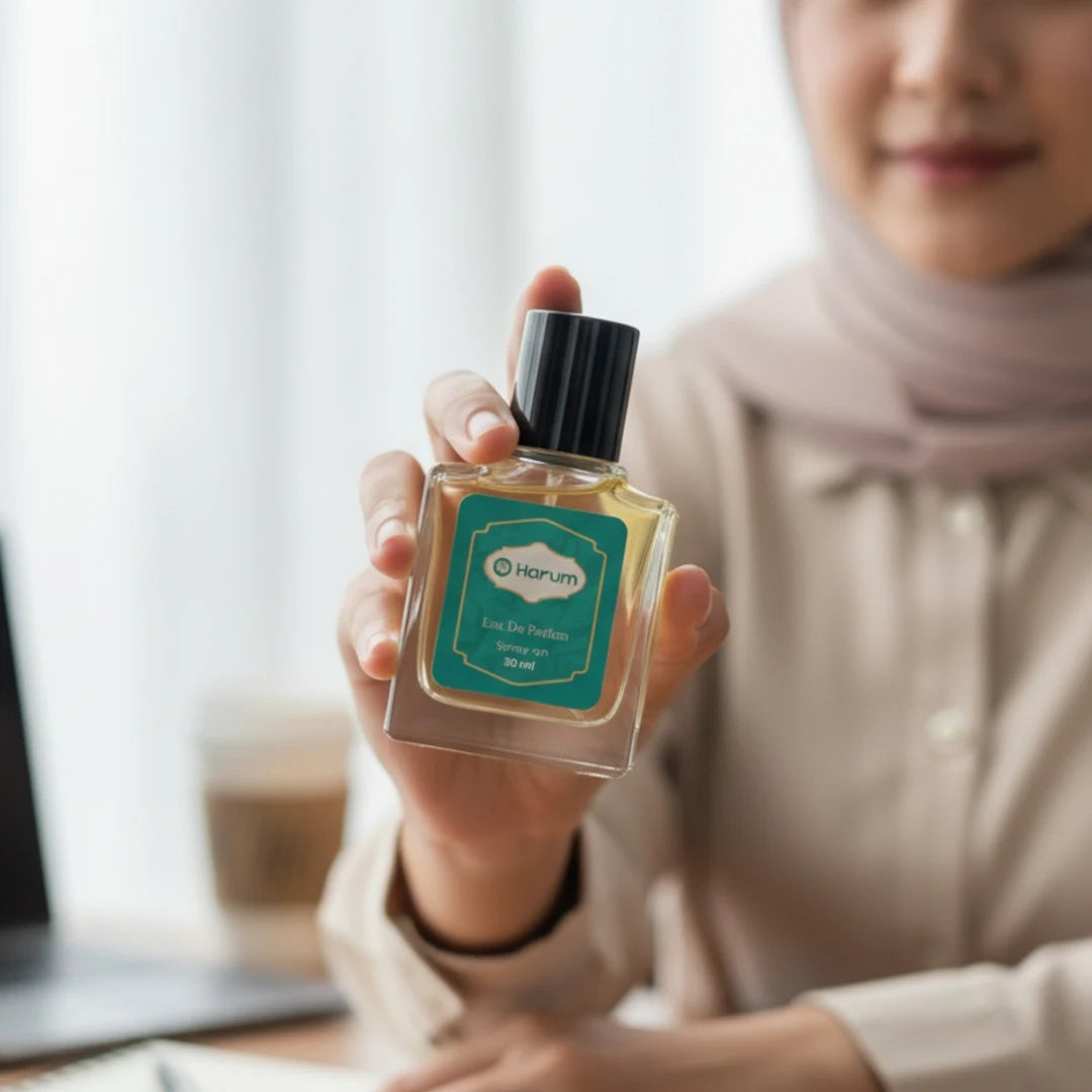 Woman holding Harum 30ml Eau De Parfum bottle with teal label while sitting at office desk