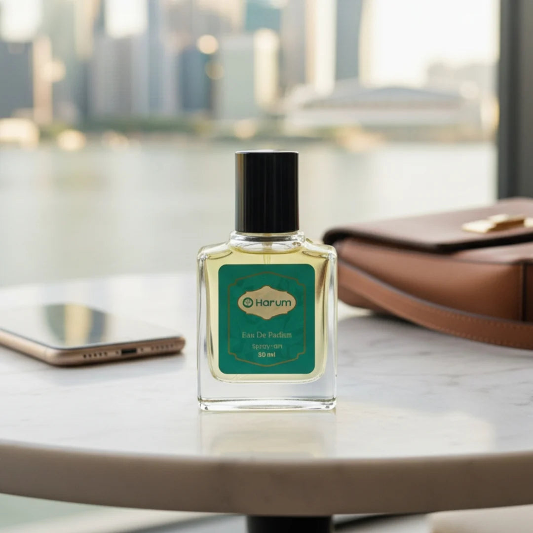 Harum 30ml Eau De Parfum bottle with teal label placed on marble table with city skyline view in background