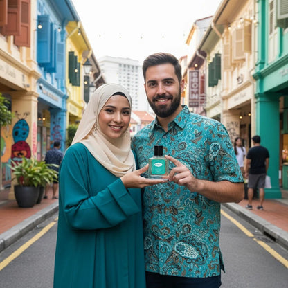 Smiling couple holding Harum perfume bottle on colorful Singapore street, showcasing lifestyle and fragrance branding