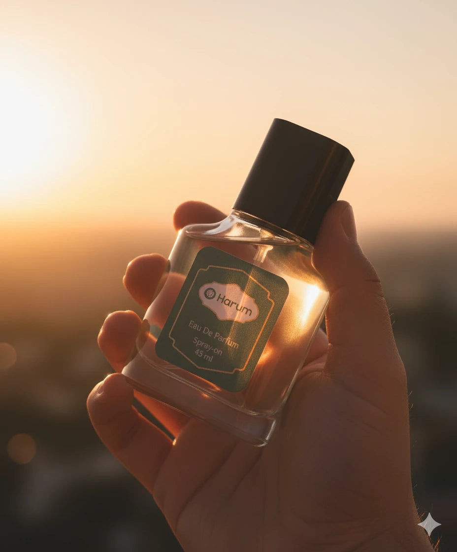 Close-up of a hand holding Harum Eau De Parfum under golden hour sunlight with a warm, dreamy background