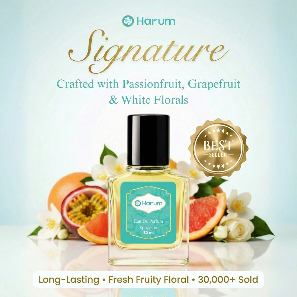 Harum Signature perfume best-seller graphic. Notes of passionfruit, grapefruit, and white florals. 30ml spray-on bottle with long-lasting fresh fruity floral fragrance.