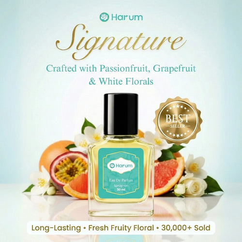 Harum Signature perfume best-seller graphic. Notes of passionfruit, grapefruit, and white florals. 30ml spray-on bottle with long-lasting fresh fruity floral fragrance.