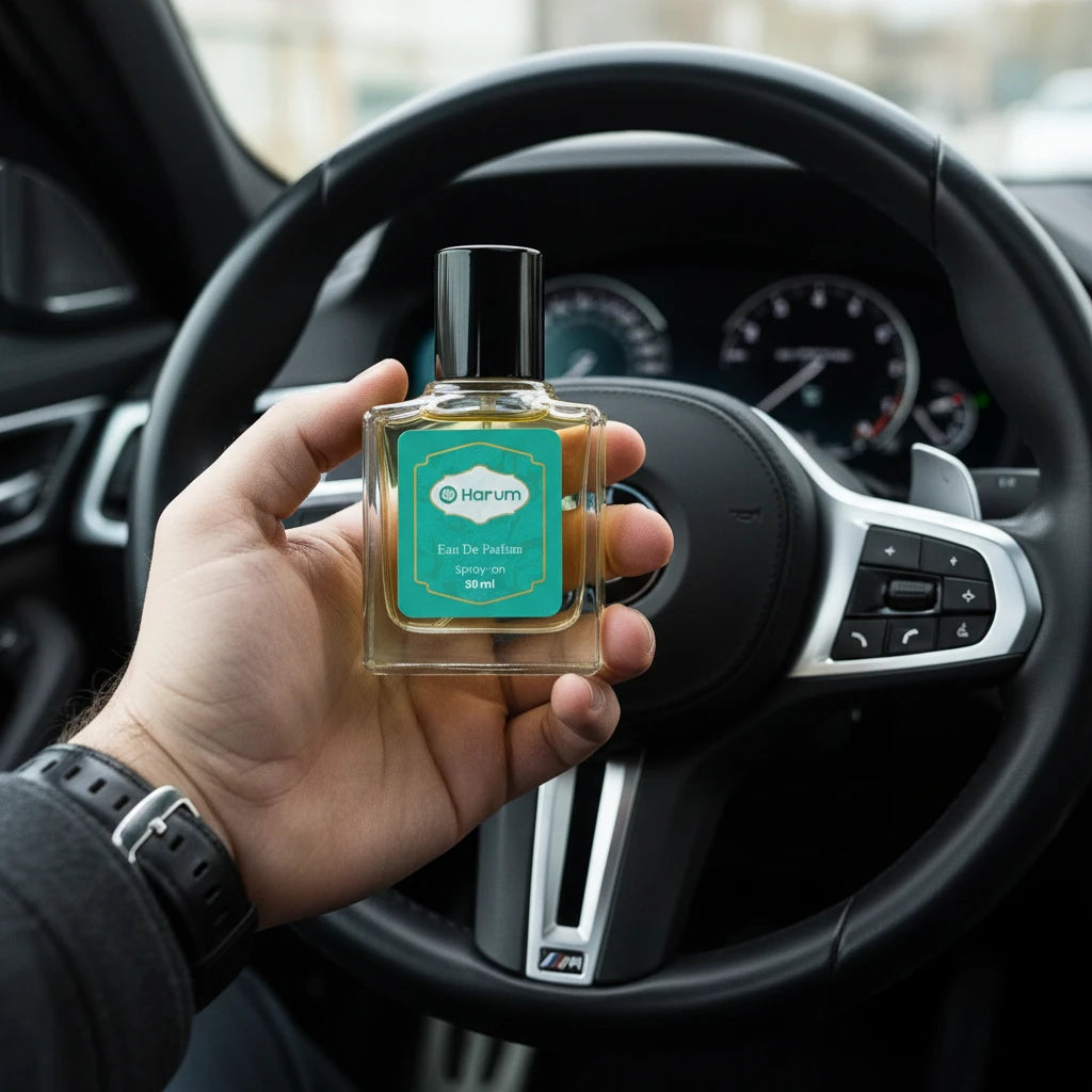 Hand holding Harum 30ml Eau De Parfum bottle inside a luxury car, highlighting elegant teal label and black cap design.
