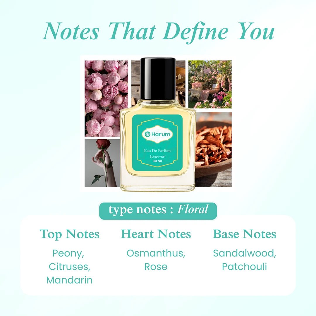 Harum 30ml Eau De Parfum with floral fragrance notes of peony, citrus, rose, osmanthus, sandalwood, and patchouli, displayed with elegant perfume bottle and flower collage.