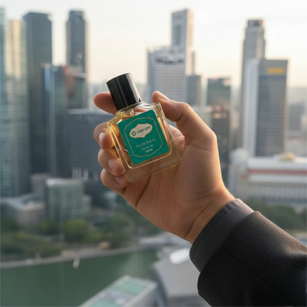 Hand holding Harum 30ml Eau De Parfum bottle with Singapore city skyline background, showcasing elegant unisex fragrance design.