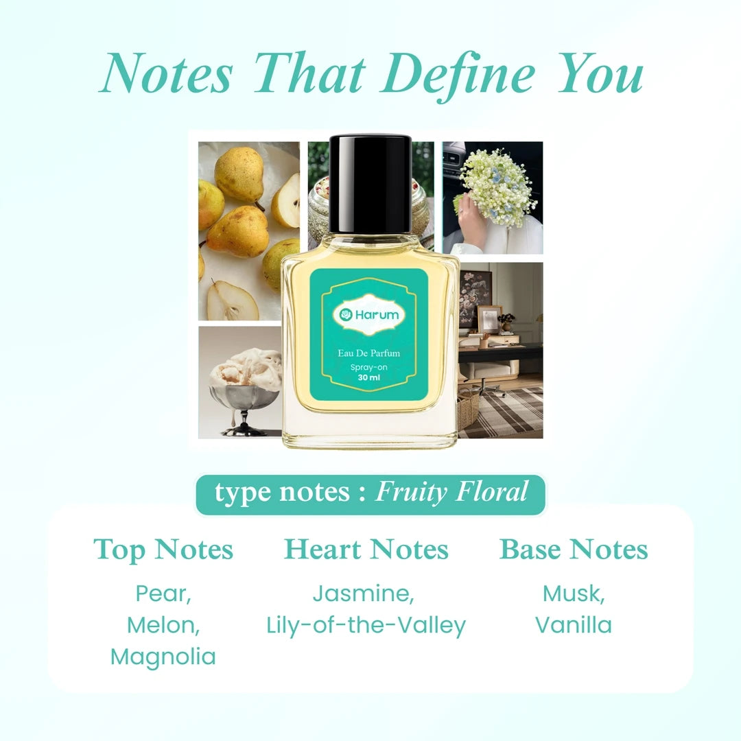 Harum.sg adora fruity floral perfume with pear, jasmine, and vanilla notes — elegant Eau de Parfum 30ml scent profile chart