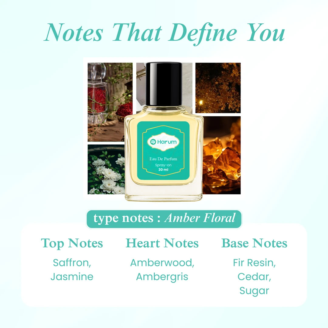 Harum.sg Amber Floral perfume 30ml with notes of saffron, jasmine, amberwood, ambergris, fir resin, cedar, and sugar – halal-friendly long-lasting Eau de Parfum in Singapore