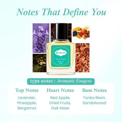 Harum.sg Aromatic Fougere Perfume 30ml — featuring lavender, pineapple, bergamot, red apple, dried fruits, oak moss, tonka bean, and sandalwood fragrance notes.