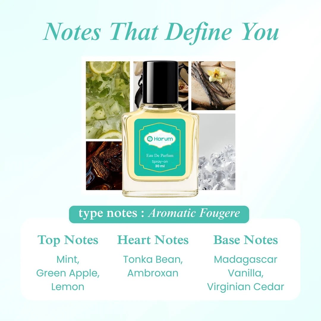 Harum.sg Aromatic Fougere Perfume 30ml — featuring mint, green apple, lemon, tonka bean, ambroxan, Madagascar vanilla, and Virginian cedar for a fresh and sensual scent.