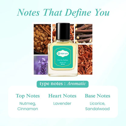 Harum.sg Aromatic Perfume 30ml — featuring nutmeg, cinnamon, lavender, licorice, and sandalwood fragrance notes for a warm and spicy scent.