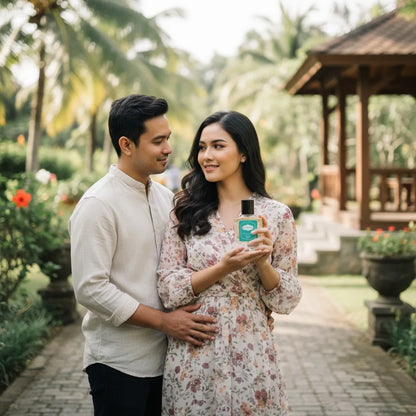 A smiling couple in a tropical garden holding a Harum.sg perfume bottle, showcasing romantic and elegant lifestyle fragrance imagery.