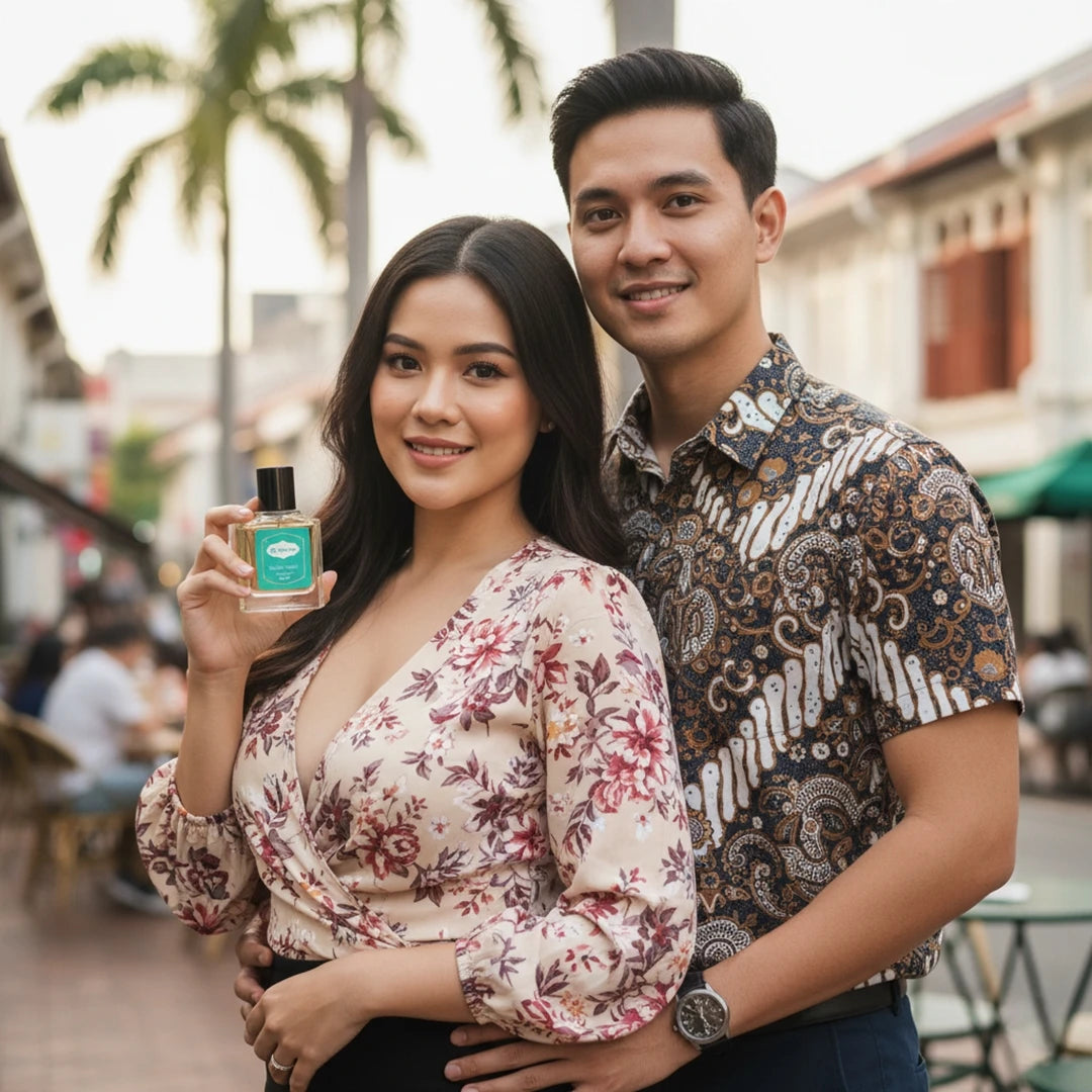 Smiling couple in stylish batik and floral outfits holding Harum.sg perfume bottle outdoors on Singapore street