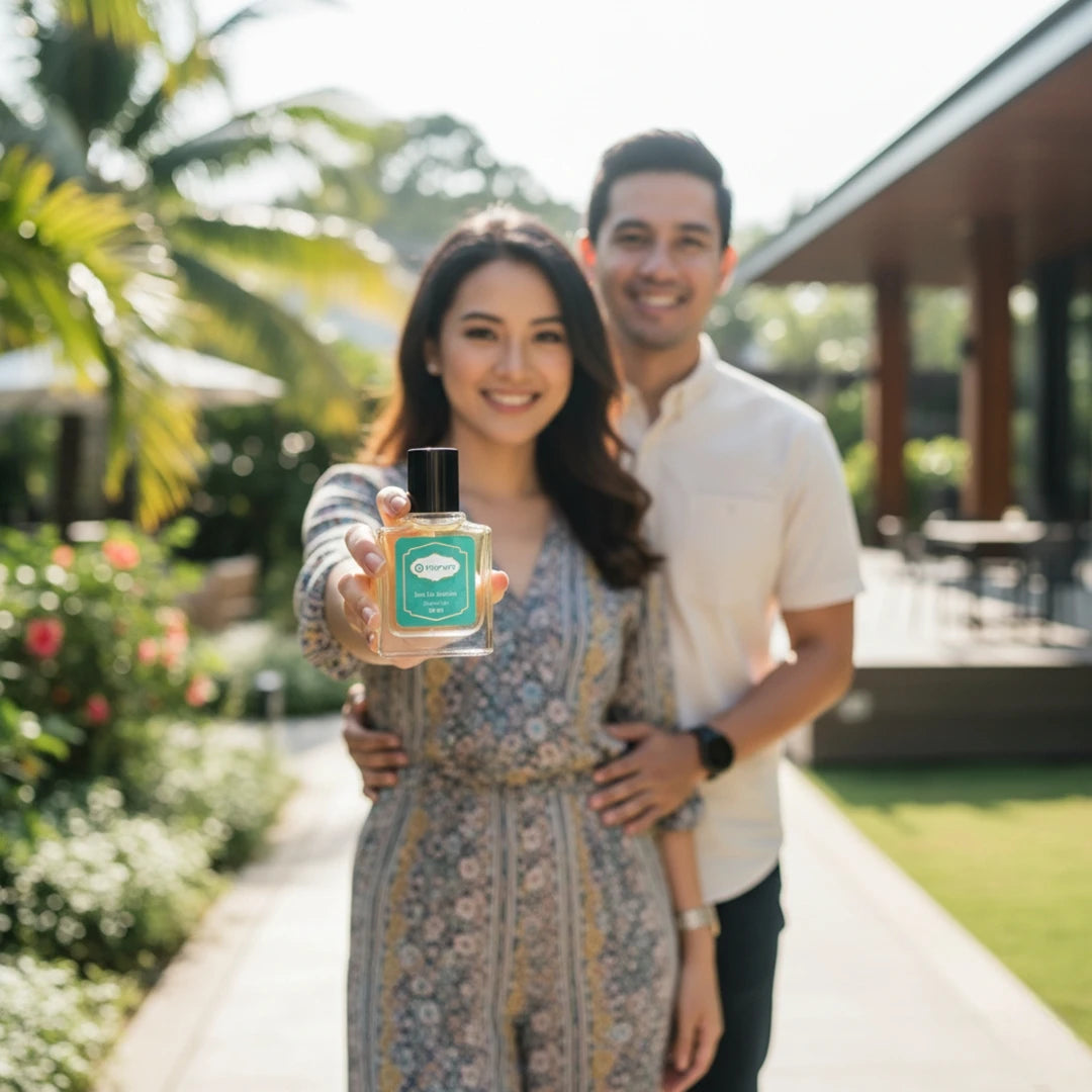 A smiling Malay couple standing outdoors in a sunny garden, with the woman holding a Harum.sg perfume bottle towards the camera. The background shows lush greenery and a modern house, symbolizing freshness, love, and confidence in the perfume brand.