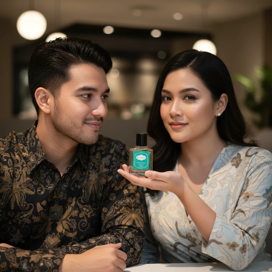 A stylish Malay couple sitting together at a cozy dinner table. The woman is holding a Harum.sg perfume bottle close to the camera, while the man looks at her with admiration. Both are dressed in elegant batik outfits, highlighting a romantic and sophisticated mood for the perfume advertisement.
