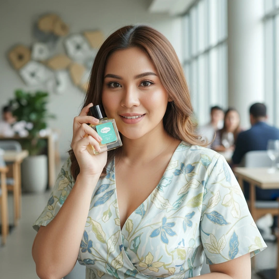 A confident Malay woman in a floral dress holding a Harum.sg perfume bottle near her face, smiling warmly in a bright café setting with soft natural light and blurred background, showcasing elegance and freshness for the perfume advertisement.