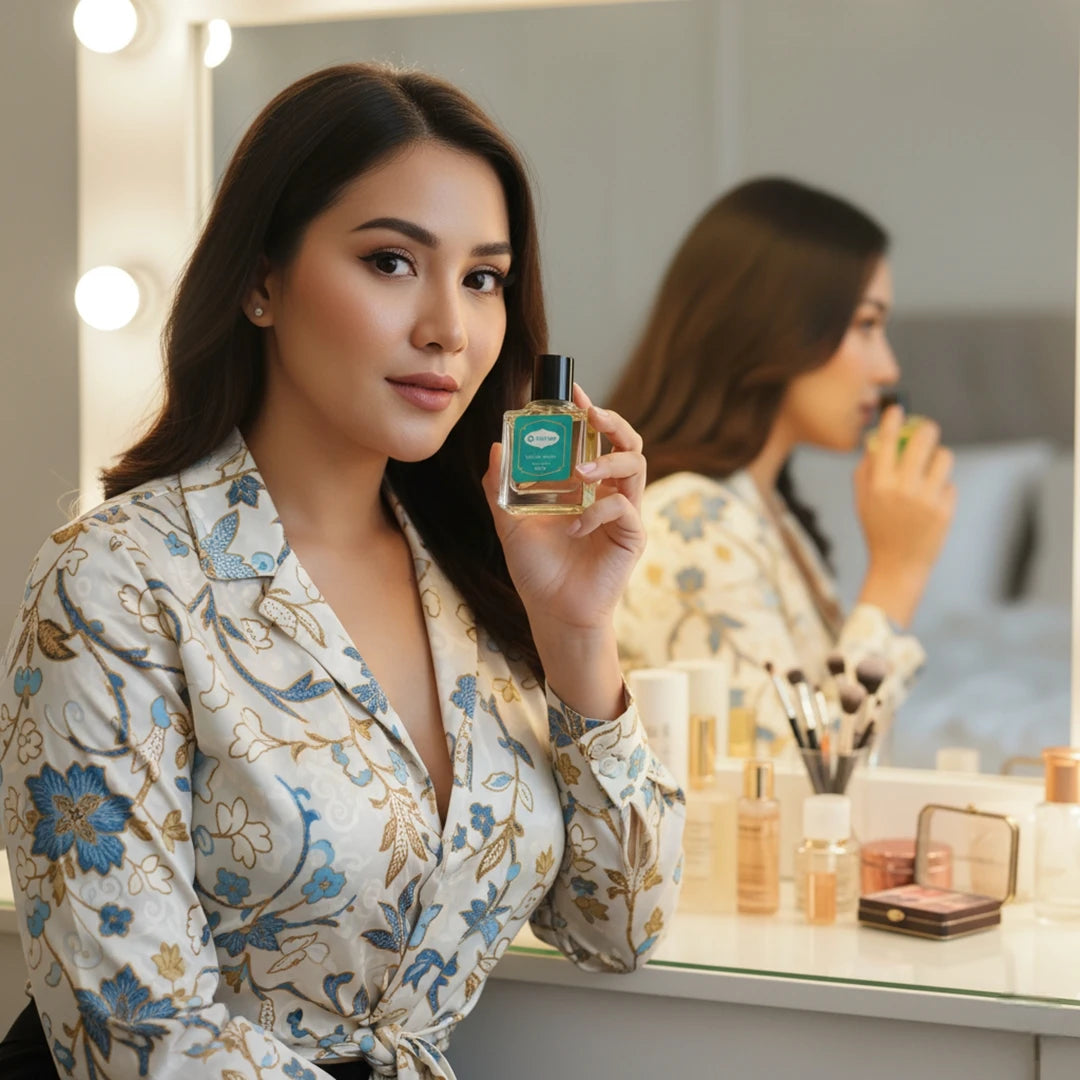 A beautiful Malay woman sitting at a vanity table holding a Harum.sg perfume bottle, surrounded by makeup items and a mirror reflecting her image. The soft lighting and floral outfit create a luxurious and elegant perfume promotion scene.