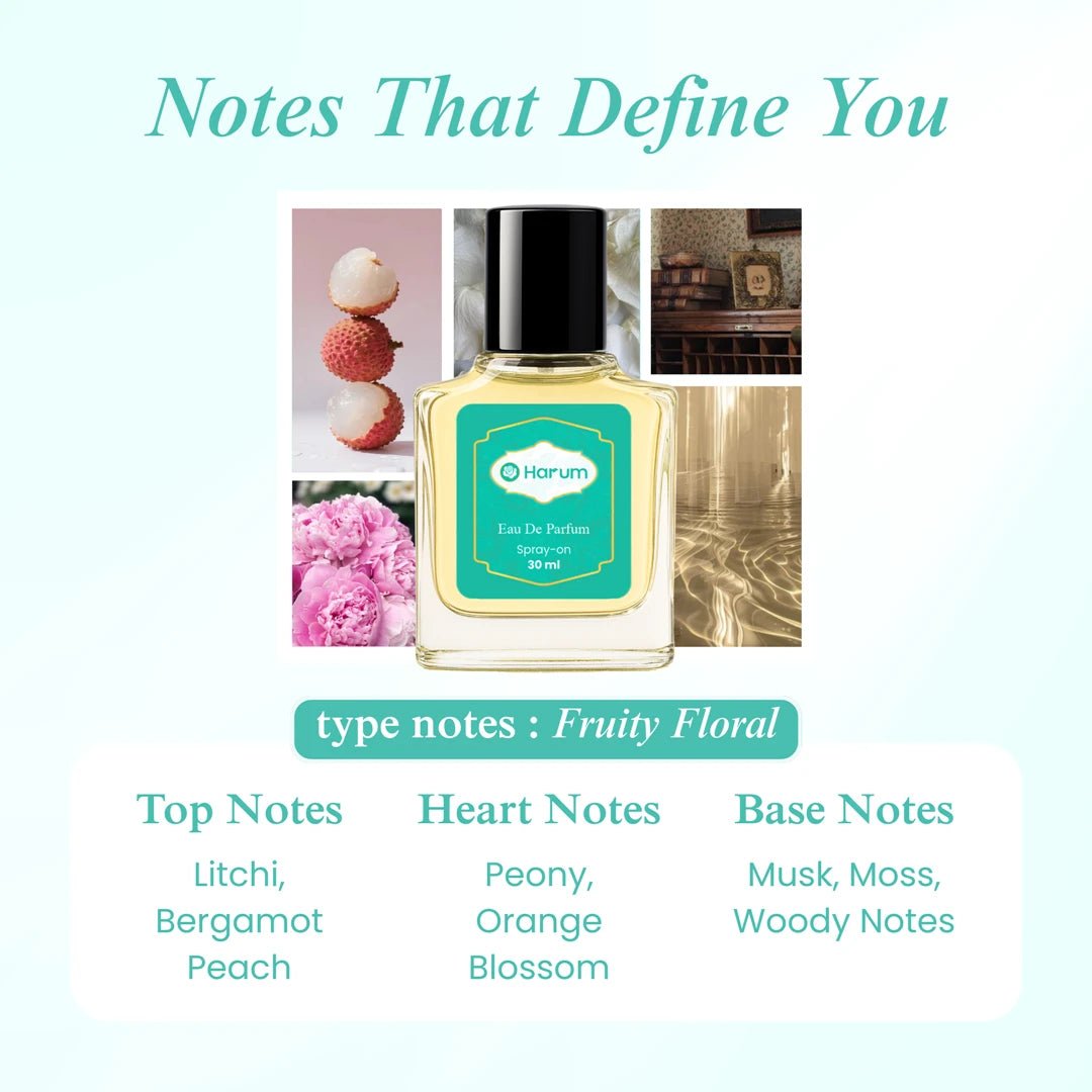 Harum.sg Fleur Fruity Floral perfume 30ml with notes of litchi, peach, bergamot, peony, orange blossom, musk, moss, and woody notes – halal-friendly long-lasting Eau de Parfum in Singapore