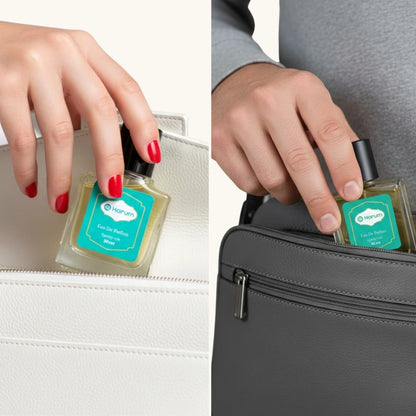 Harum.sg men and women placing 30ml travel-size perfume bottles into bags – convenient daily fragrance for on-the-go use