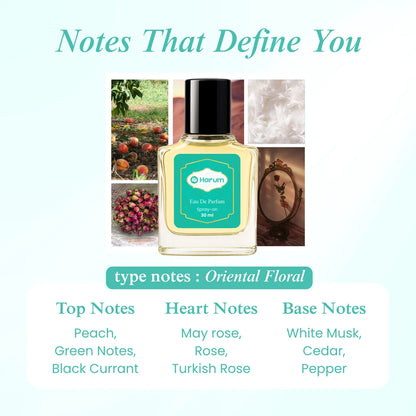 Harum.sg Oriental Floral perfume 30ml with notes of peach, green notes, blackcurrant, may rose, Turkish rose, white musk, cedar, and pepper – halal-friendly long-lasting Eau de Parfum in Singapore