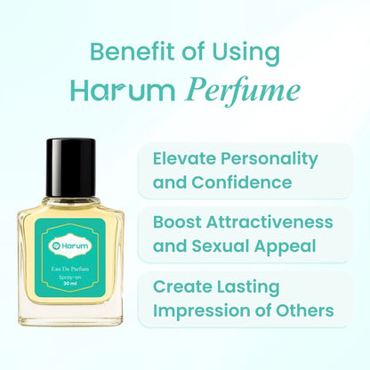 Harum perfume bottle with text showing benefits such as elevating confidence, boosting attractiveness, and creating a lasting impression