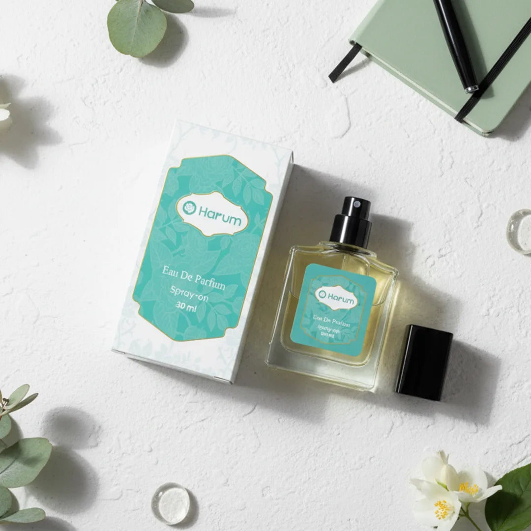 A minimal flat lay of Harum.sg Eau De Parfum 30ml bottle and box on a white surface with eucalyptus leaves, a notebook, and a pen, showcasing a clean and fresh aesthetic.