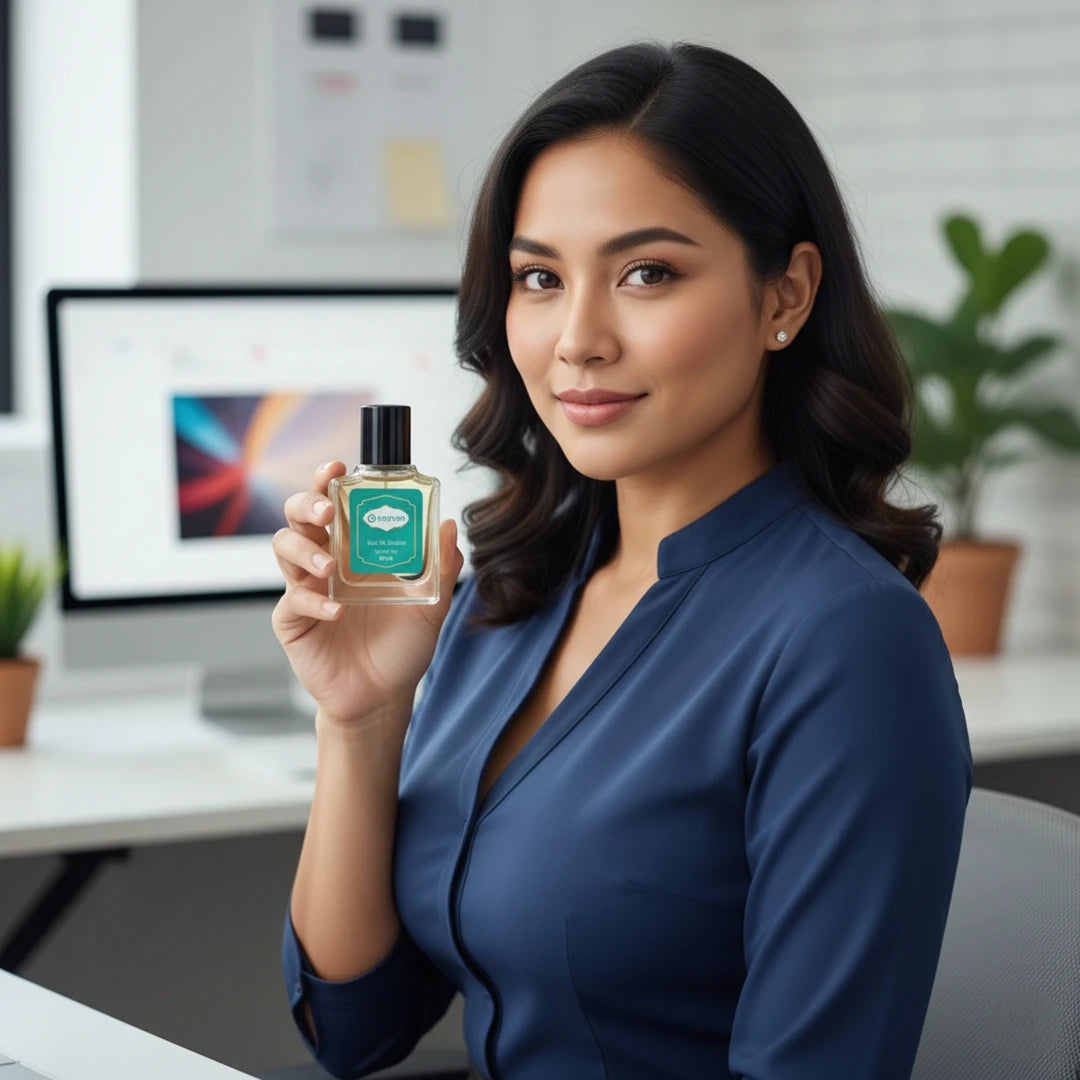 A confident woman in a navy outfit holding a Harum.sg perfume bottle in a modern office, representing elegance and confidence.