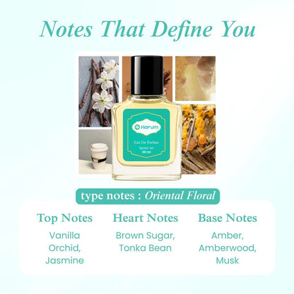 Harum.sg Vanille Oriental Floral perfume 30ml with notes of vanilla, orchid, jasmine, brown sugar, tonka bean, amber, amberwood, and musk – premium long-lasting Eau de Parfum in Singapore