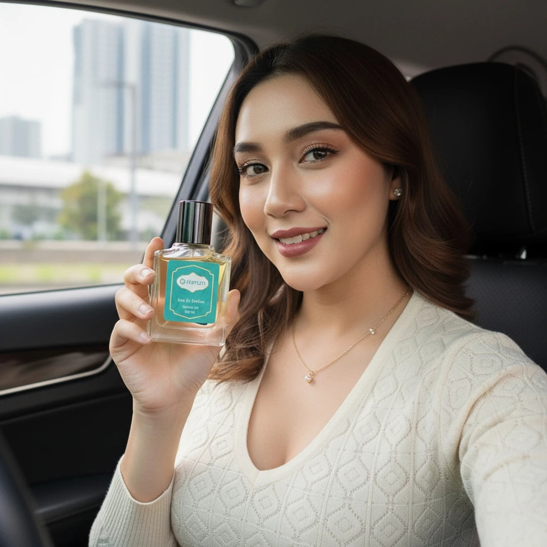 Smiling woman holding Harum.sg perfume bottle inside car, elegant lifestyle shot