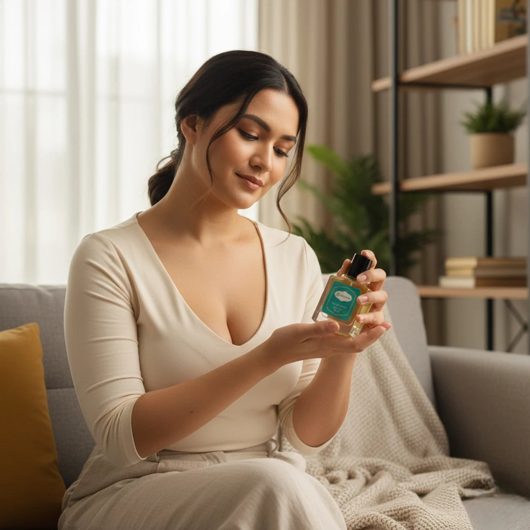 Woman sitting on sofa admiring Harum.sg perfume bottle in warm cozy living room with natural light, showcasing elegant feminine fragrance