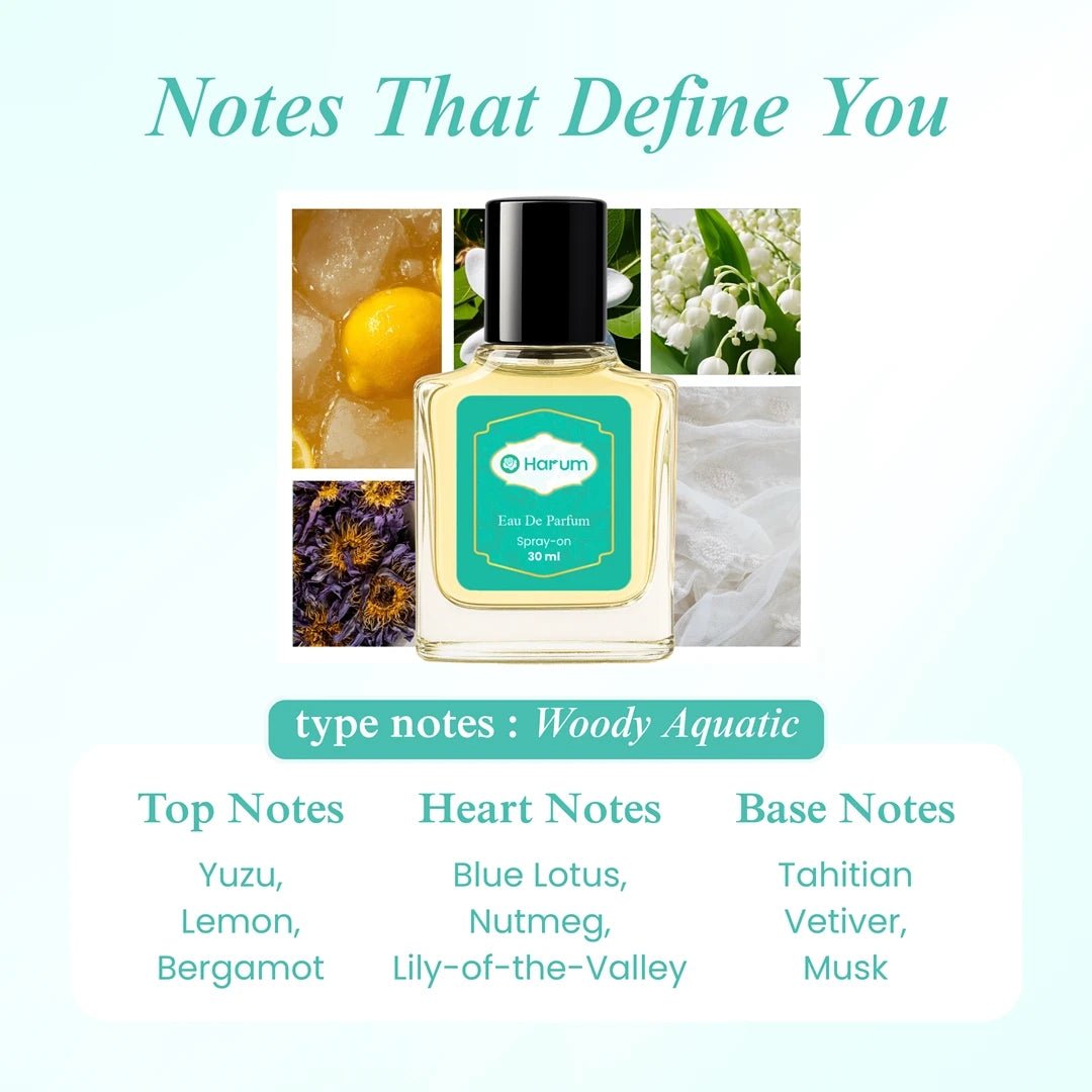 Harum.sg Woody Aquatic Perfume 30ml — featuring yuzu, lemon, bergamot, blue lotus, nutmeg, lily of the valley, Tahitian vetiver, and musk for a clean oceanic freshness.