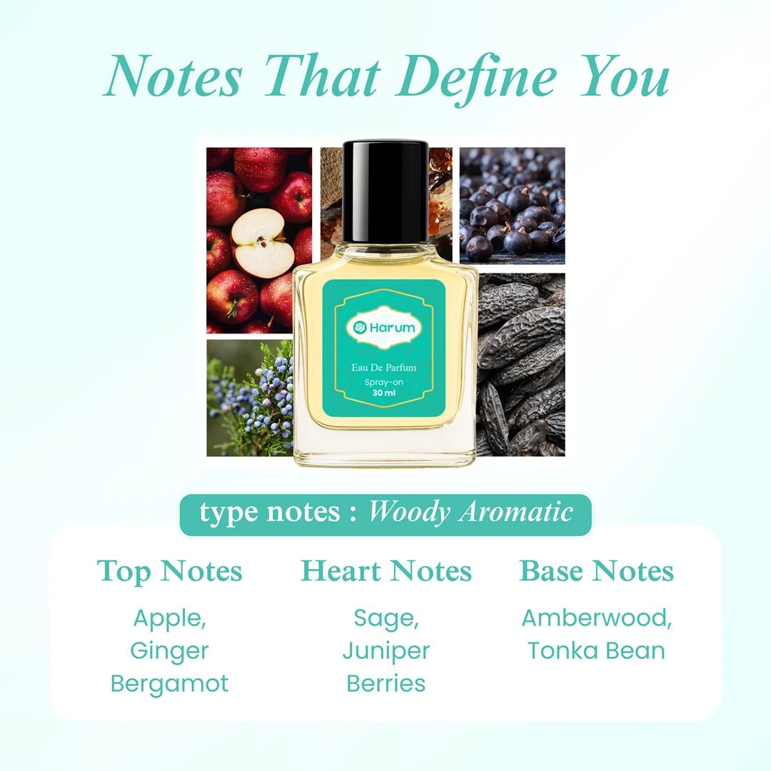 Harum.sg Woody Aromatic Perfume 30ml — featuring apple, ginger, bergamot, sage, juniper berries, amberwood, and tonka bean for a crisp and masculine scent.