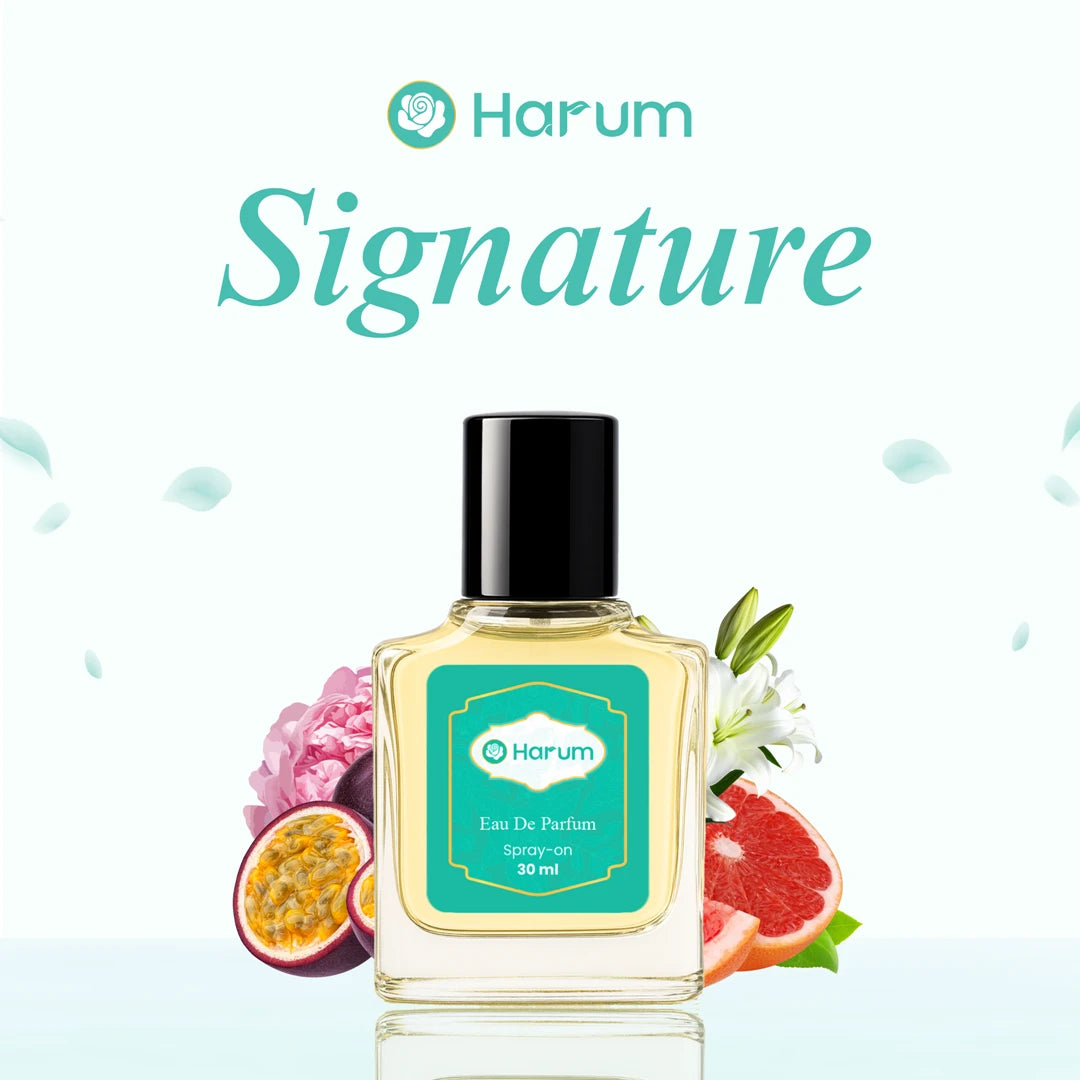 Harum Signature perfume bottle with promotional text on a light green background
