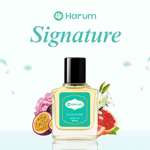 Harum Signature perfume bottle with promotional text on a light green background