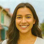 Woman with long dark hair smiling outdoors