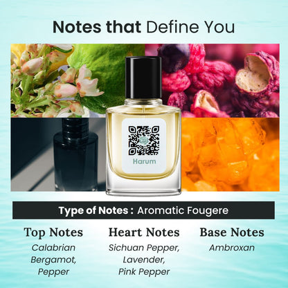 Perfume bottle with floral and fruit background, featuring Harum brand.