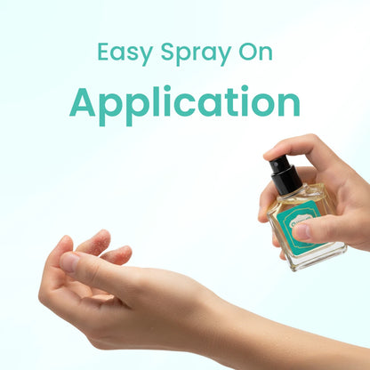 Hand holding a small spray bottle with text 'Easy Spray On Application' on a light blue background