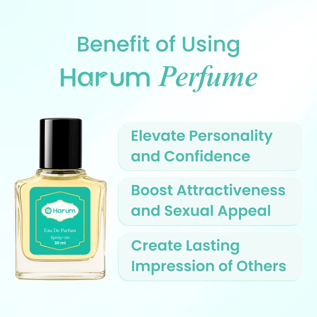 Harum perfume bottle with benefits listed on a light blue background