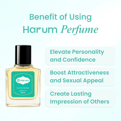 Harum perfume bottle with benefits listed on a light blue background