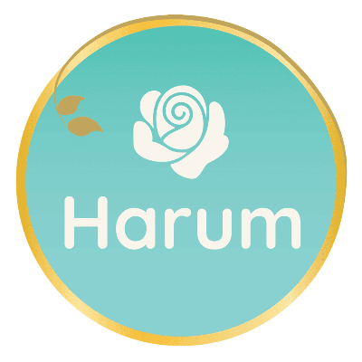 Logo of Harum with a rose design on a teal background