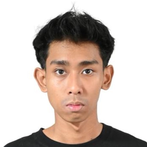 Person wearing a black shirt against a white background