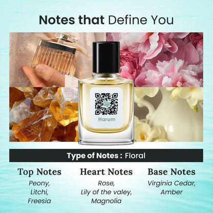 Perfume bottle with floral and amber elements on a light blue background