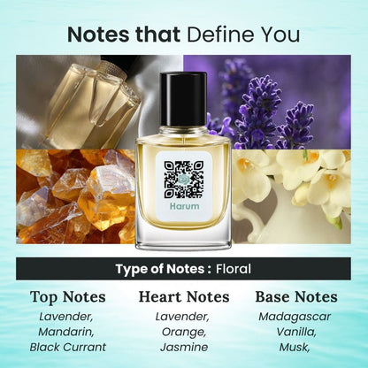 Harum perfume bottle with floral and crystal elements on a light blue background